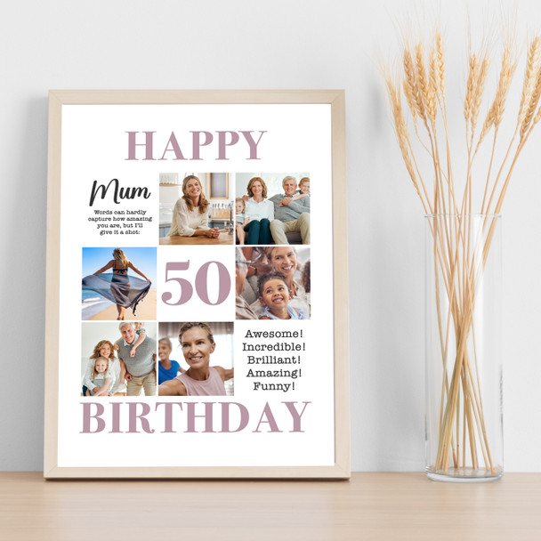 Photo Collage 50th Birthday Custom Gift For Mum 6-Photo Portrait Print Or Canvas