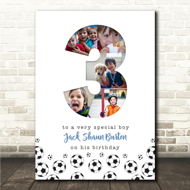 Photo Collage 5-Photo 3rd Birthday Football Custom Gift For Boys Print Or Canvas