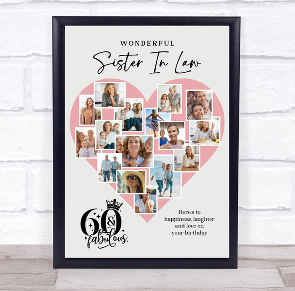 Photo Collage 60th Birthday Gift For Sister-In-Law 16-Photo Pink Print Or Canvas