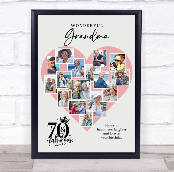 Photo Collage 70th Birthday Gift For Grandma 16-Photo Pink Heart Print Or Canvas