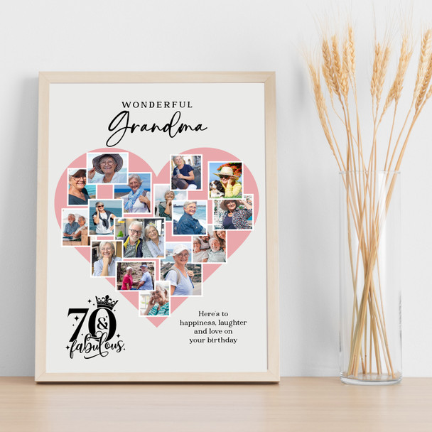 Photo Collage 70th Birthday Gift For Grandma 16-Photo Pink Heart Print Or Canvas