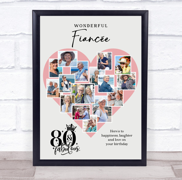 Photo Collage 80th Birthday Gift For Fiancée 16-Photo Pink Heart Print Or Canvas