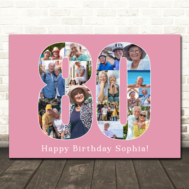 Photo Collage 80th Birthday Gift For Her 16-Photo Number 80 Pink Print Or Canvas