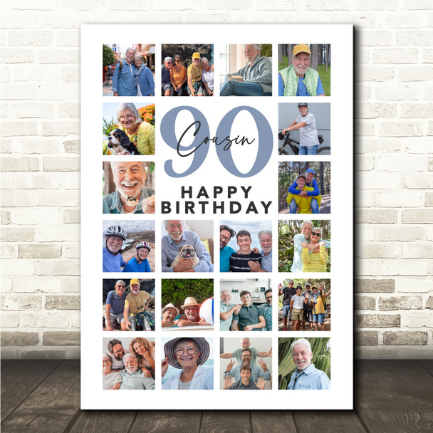Photo Collage 90th Birthday Custom Gift For Cousin 20-Photo Blue Print Or Canvas