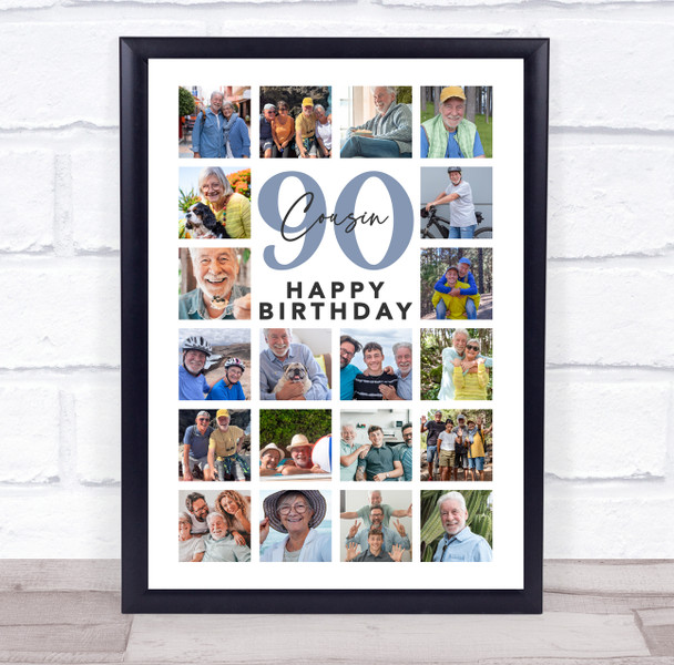 Photo Collage 90th Birthday Custom Gift For Cousin 20-Photo Blue Print Or Canvas
