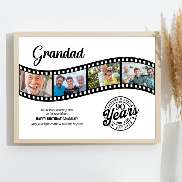 Photo Collage 90th Birthday Gift For Grandad 4-Photo Camera Film Print Or Canvas