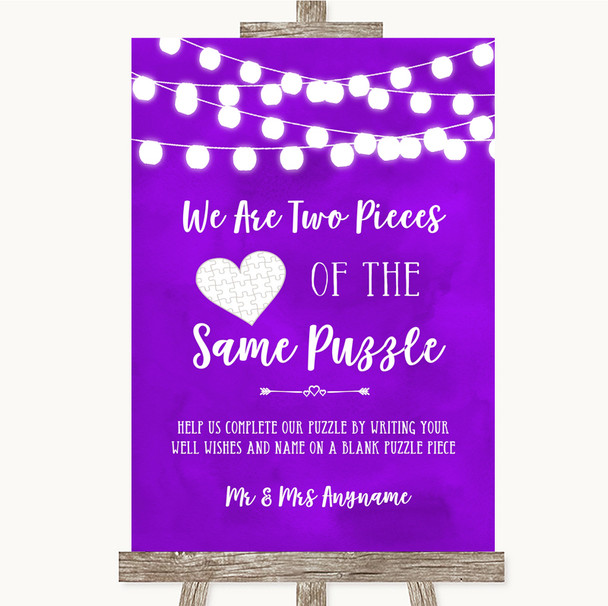 Purple Watercolour Lights Puzzle Piece Guest Book Personalised Wedding Sign