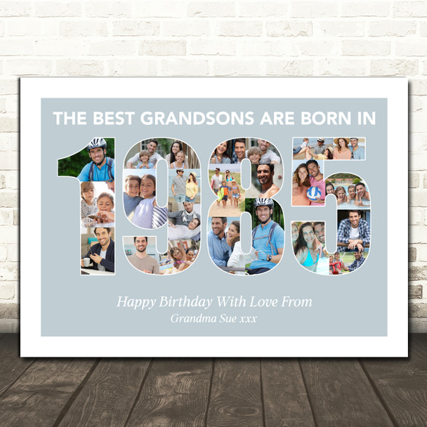 Photo Collage Blue Birthday Gift For Grandson 22-Photo Year 1985 Print Or Canvas