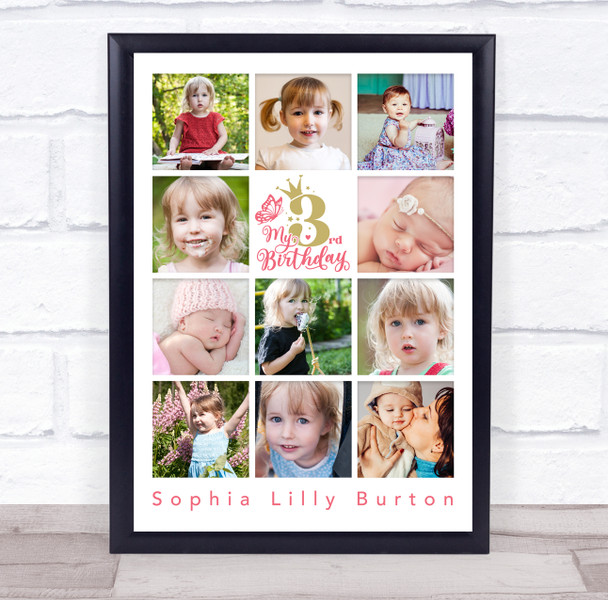 Photo Collage 11-Photo 3rd Birthday Custom Gift For Toddler Girl Print Or Canvas