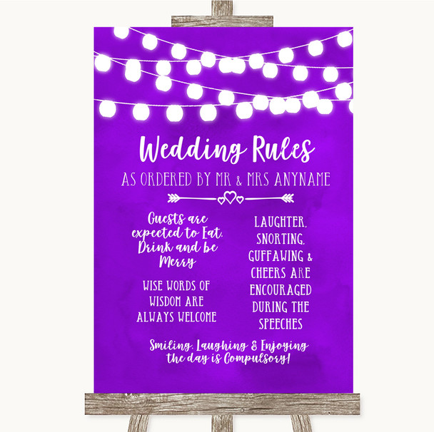 Purple Watercolour Lights Rules Of The Wedding Personalised Wedding Sign