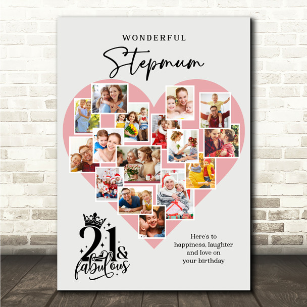 Photo Collage 21st Birthday Gift For Stepmum 16-Photo Pink Heart Print Or Canvas