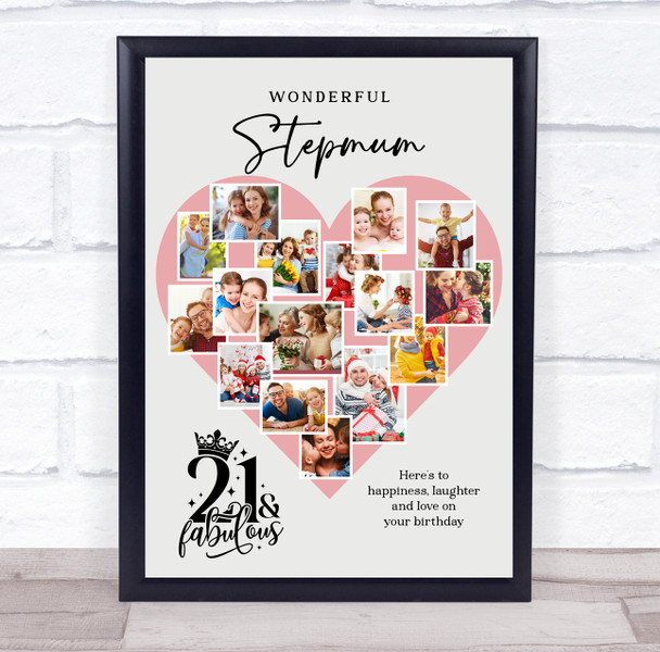 Photo Collage 21st Birthday Gift For Stepmum 16-Photo Pink Heart Print Or Canvas