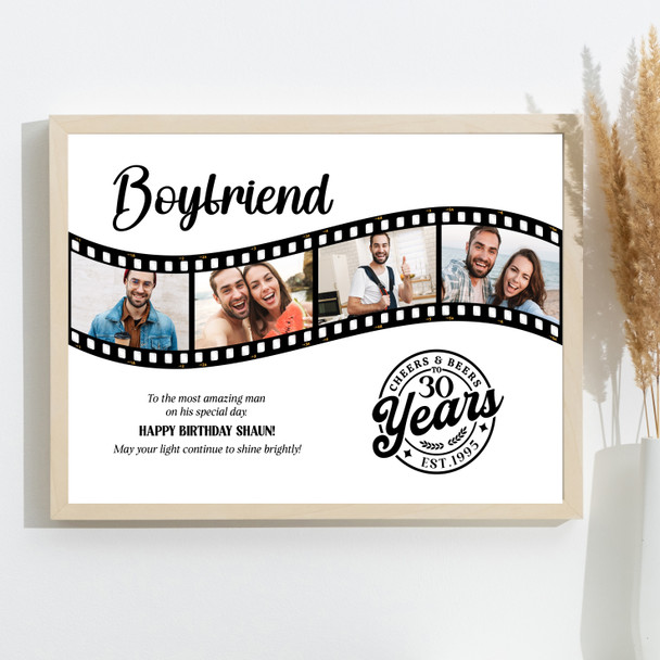 Photo Collage 30th Birthday Gift For Boyfriend 4-Photo Film Reel Print Or Canvas