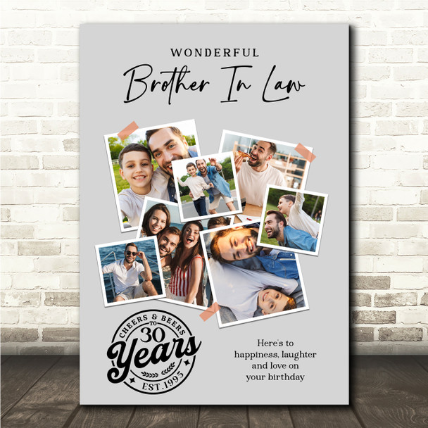 Photo Collage 30th Birthday Gift For Brother-In-Law 7-Photo Grey Print Or Canvas