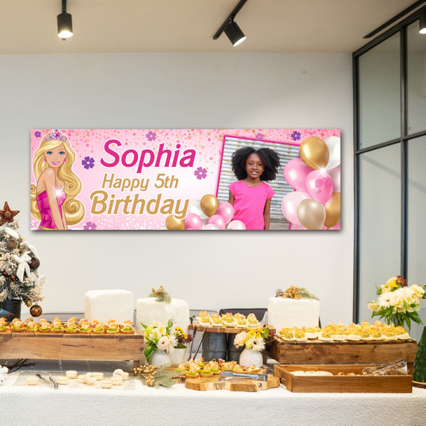 Personalised Party Banner For Kids Birthday Barbie Balloons With Photo Any Age