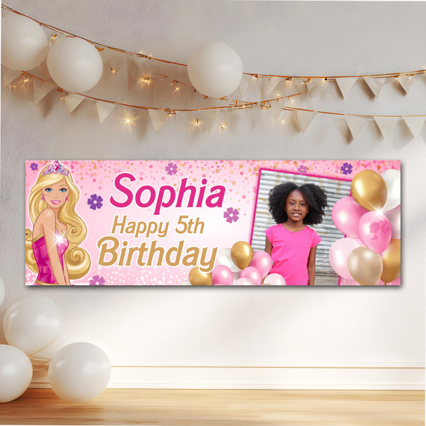 Personalised Party Banner For Kids Birthday Barbie Balloons With Photo Any Age