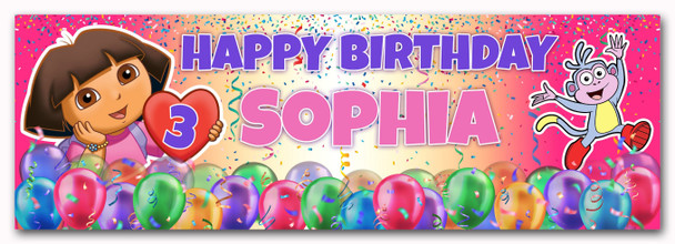Personalised Party Banner For Kids Birthday Dora the Explorer Balloons Any Age