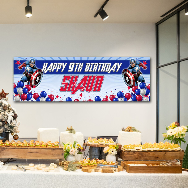 Personalised Party Banner For Kids Birthday Boys Marvel Captain America Any Age