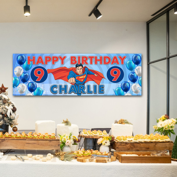 Personalised Party Banner For Kids Birthday Boys Superman Balloons Any Age