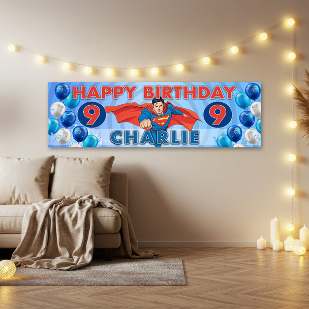 Personalised Party Banner For Kids Birthday Boys Superman Balloons Any Age