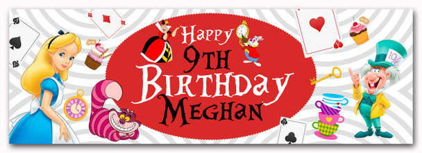 Personalised Party Banner For Kids Birthday Girls Alice In Wonderland Any Age