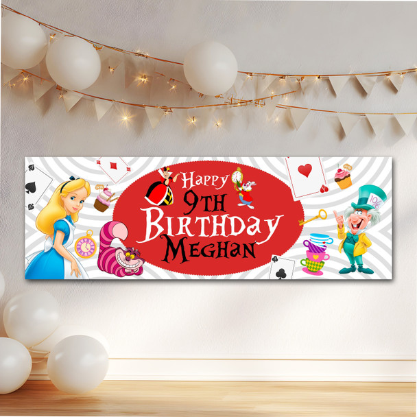 Personalised Party Banner For Kids Birthday Girls Alice In Wonderland Any Age