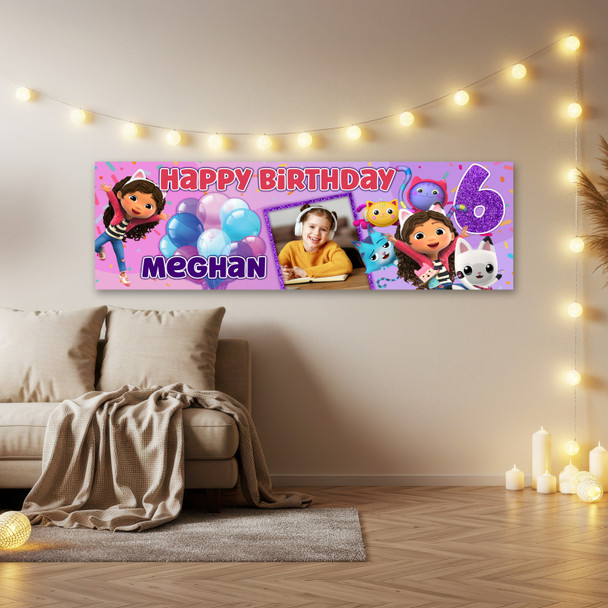 Personalised Party Banner For Kids Birthday Girls Gabby's Dollhouse With Photo Personalised Party Banner For Kids Birthday Girls Gabby's Dollhouse With Photo