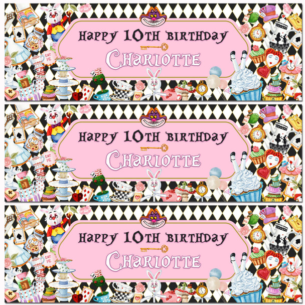 Personalised Party Banner Kids Birthday Girls Alice In Wonderland Any Age
