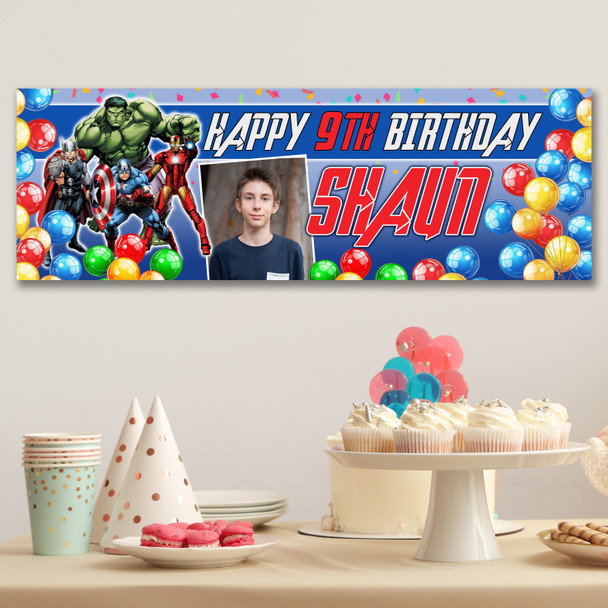 Personalised Party Banner For Kids Birthday Marvel Superhero's Photo Any Age