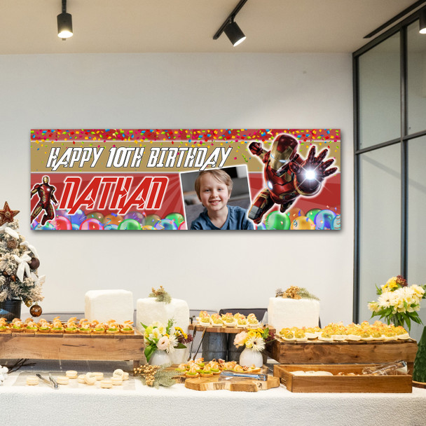 Personalised Party Banner For Kids Birthday With Photo Marvel Iron Man Any Age