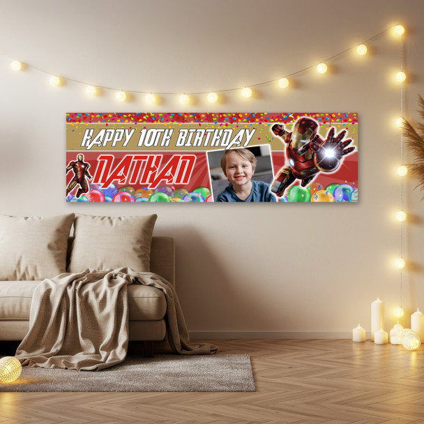 Personalised Party Banner For Kids Birthday With Photo Marvel Iron Man Any Age