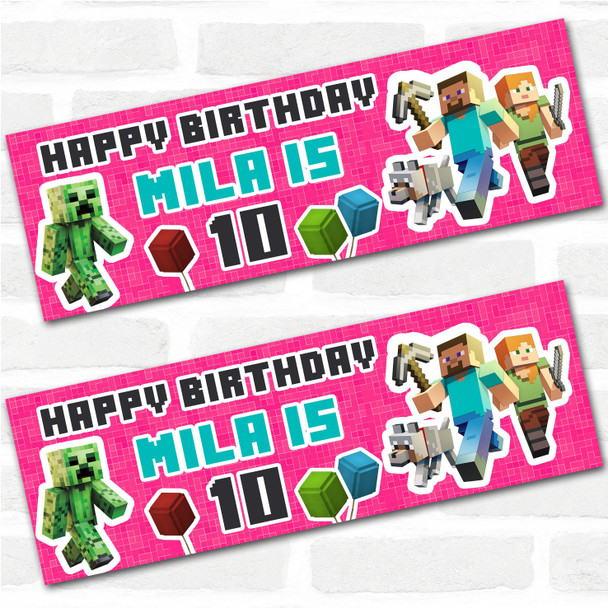 Personalised Party Banner For Kids Birthday Girls Minecraft Pink Any Age