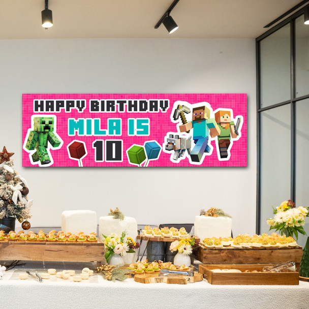 Personalised Party Banner For Kids Birthday Girls Minecraft Pink Any Age