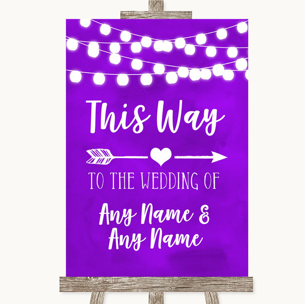 Purple Watercolour Lights This Way Arrow Right Personalised Wedding Sign