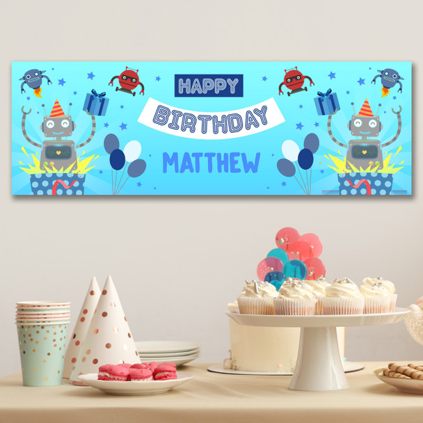 Personalised Party Banner For Birthday Boys Robot Blue Kids