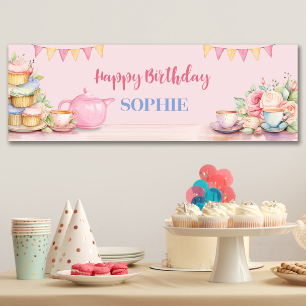 Personalised Party Banner For Birthday Female Afternoon Tea Party Pink Personalised Party Banner For Birthday Female Afternoon Tea Party Pink