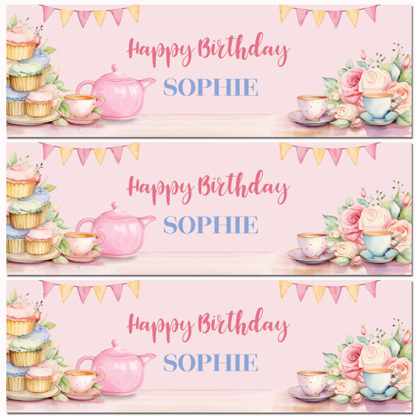 Personalised Party Banner For Birthday Female Afternoon Tea Party Pink Personalised Party Banner For Birthday Female Afternoon Tea Party Pink