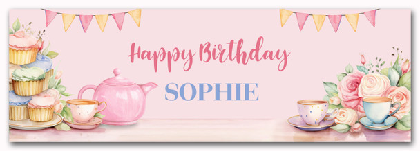 Personalised Party Banner For Birthday Female Afternoon Tea Party Pink Personalised Party Banner For Birthday Female Afternoon Tea Party Pink