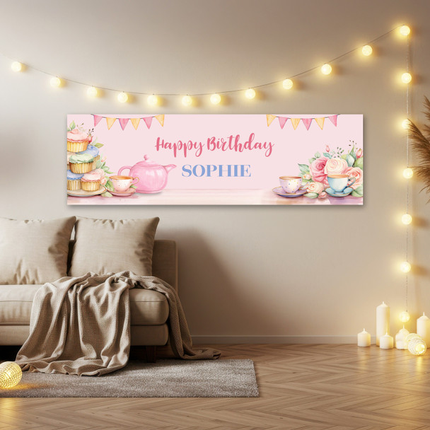 Personalised Party Banner For Birthday Female Afternoon Tea Party Pink Personalised Party Banner For Birthday Female Afternoon Tea Party Pink