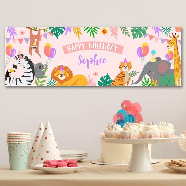 Personalised Party Banner For Birthday Girls Jungle Animals Kids