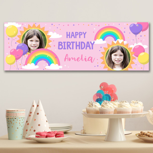 Personalised Party Banner For Birthday With Photo Girls Rainbow Sun Kids
