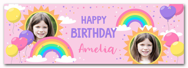 Personalised Party Banner For Birthday With Photo Girls Rainbow Sun Kids