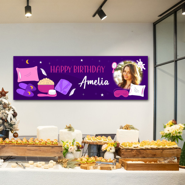 Personalised Party Banner For Birthday With Photo Girls Sleepover Purple Kids