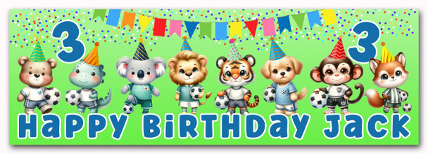 Personalised Party Banner For Kids Birthday Boys Cute Football Animals Any Age