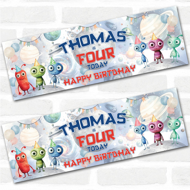Personalised Party Banner For Kids Birthday Boys Watercolour Aliens Any Age