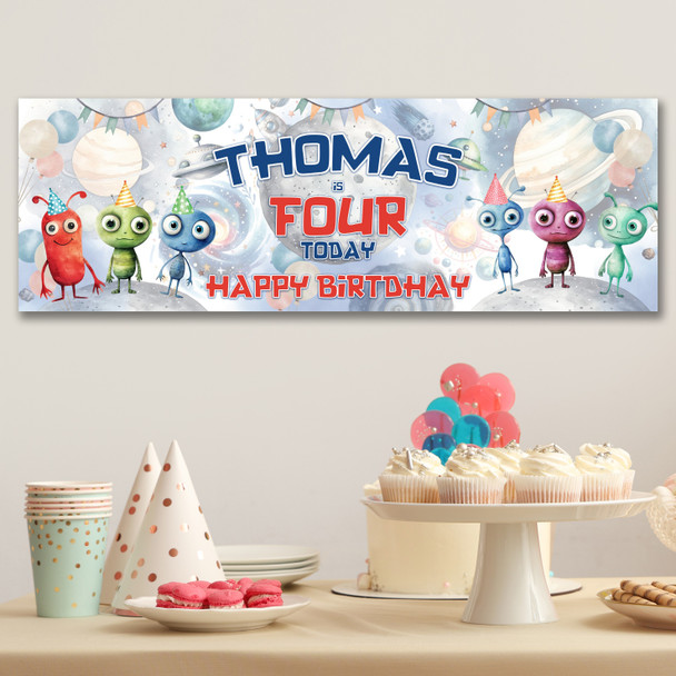 Personalised Party Banner For Kids Birthday Boys Watercolour Aliens Any Age