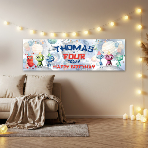Personalised Party Banner For Kids Birthday Boys Watercolour Aliens Any Age