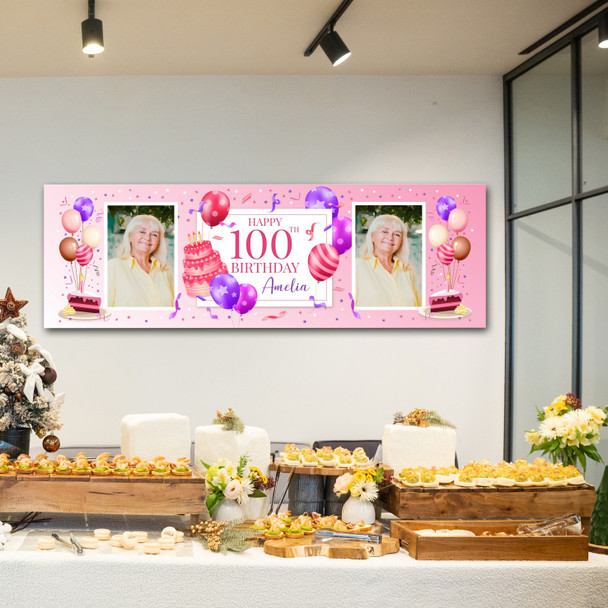Personalised Party Banner For 100th Birthday With Photo Female Pink Cake