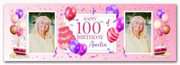 Personalised Party Banner For 100th Birthday With Photo Female Pink Cake