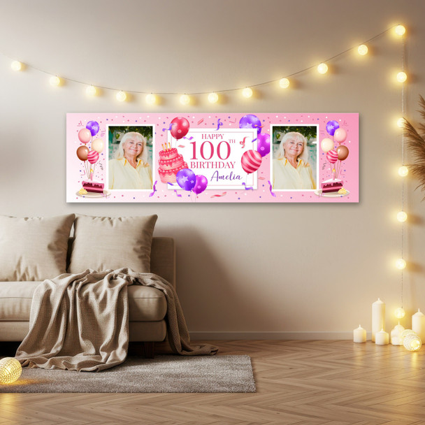 Personalised Party Banner For 100th Birthday With Photo Female Pink Cake